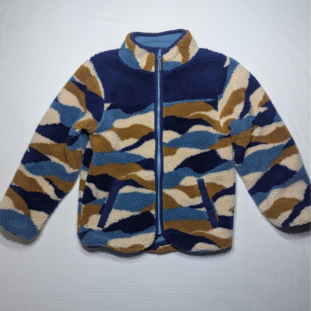 Mini Boden Boys 7-8Y‎ Sherpa Fleece Jacket Blue Brown Camo Abstract